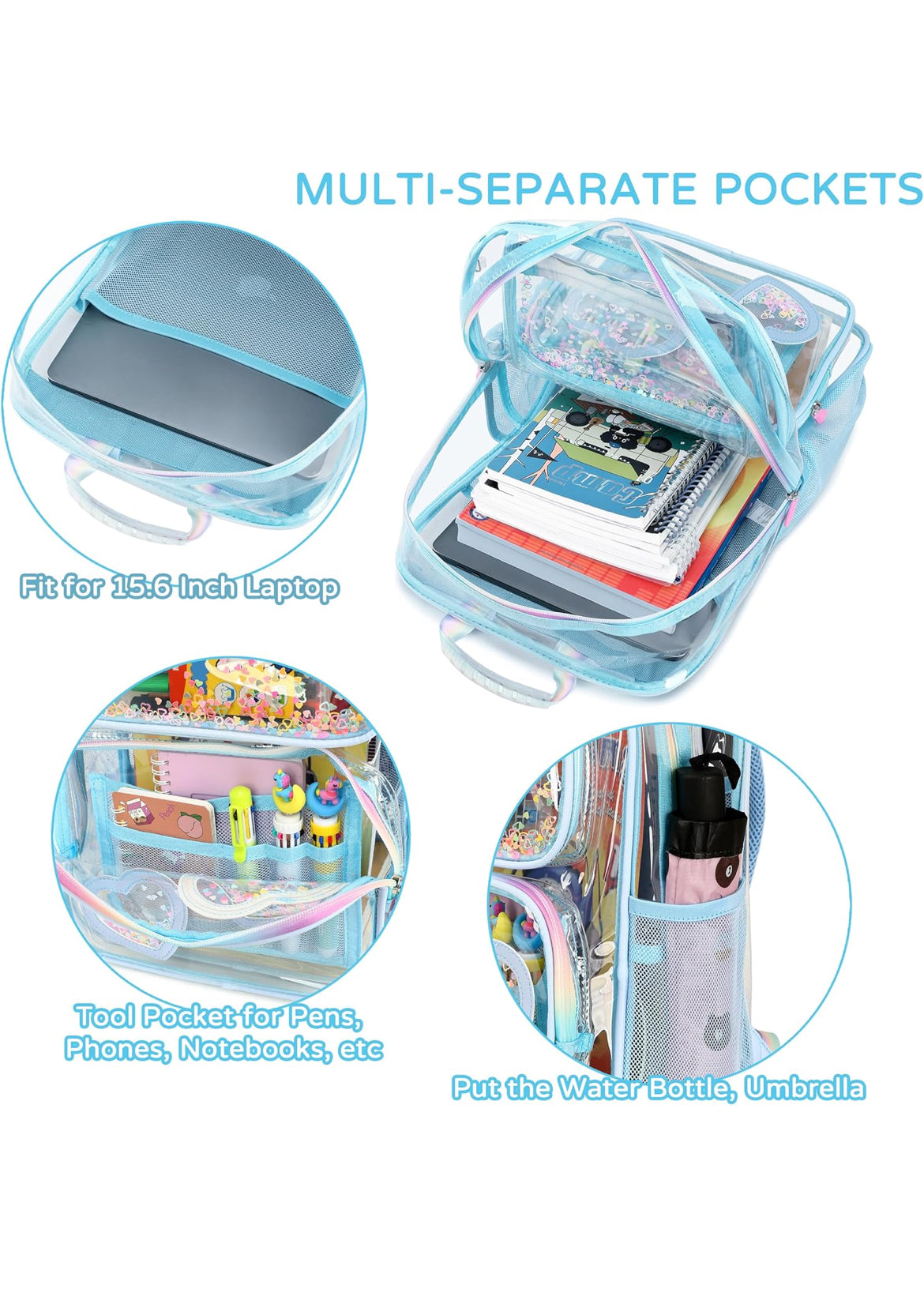 Clear Backpack for Girls Women Transparent Kids Elementary College School Bag Travel Laptop Backpacks Large Bookbags (Blue)