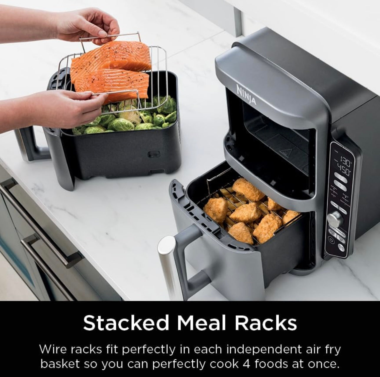 Ninja Air Fryer, 10QT DoubleStack XL 2-Basket, Compact Design, Cooks 5lb Whole Chicken, Feeds Up to 8 People, 6-in-1 Air Fryer - Grey, SL401