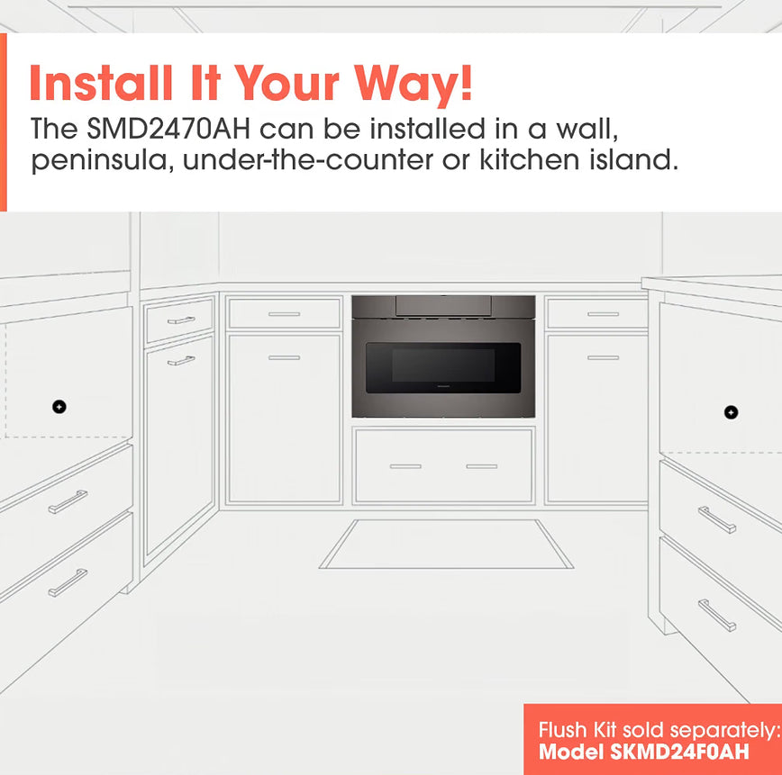 SHARP SMD2470AH Microwave Drawer Oven, 24-inch, 1.2 Cubic Feet, 950 Watt, Concealed Control Panel with Digital LCD Display, Black Stainless Steel