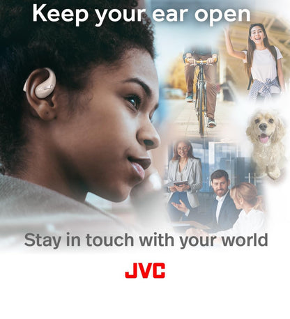 JVC Nuwe Oopoor Ware Koordlose Oorfone met 16mm Groot Drywers vir Kragtige Klank, Enkeloor-gebruik, Kompakte Grootte, en Lang Batterylewe (tot 38 Uur) - HANP50TC (Beige)