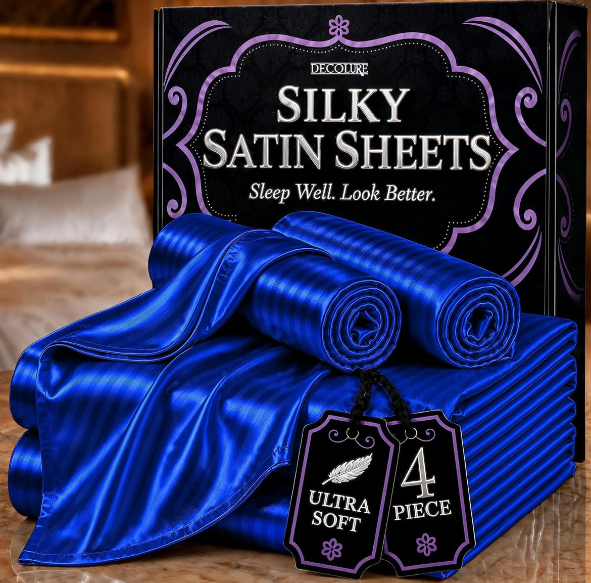 DECOLURE Satin Bed Sheets - 4 Piece Luxury Silky Queen Size Bedding Set - Softer Than Silk, Wrinkle-Free with 15” Deep Pocket Fitted Sheet, Perfect for Hair & Skin, Gifts for Women (Striped Blue)
