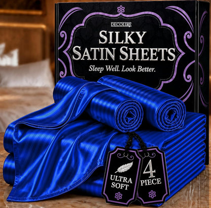 DECOLURE Satin Bed Sheets - 4 Piece Luxury Silky Queen Size Bedding Set - Softer Than Silk, Wrinkle-Free with 15” Deep Pocket Fitted Sheet, Perfect for Hair & Skin, Gifts for Women (Striped Blue)