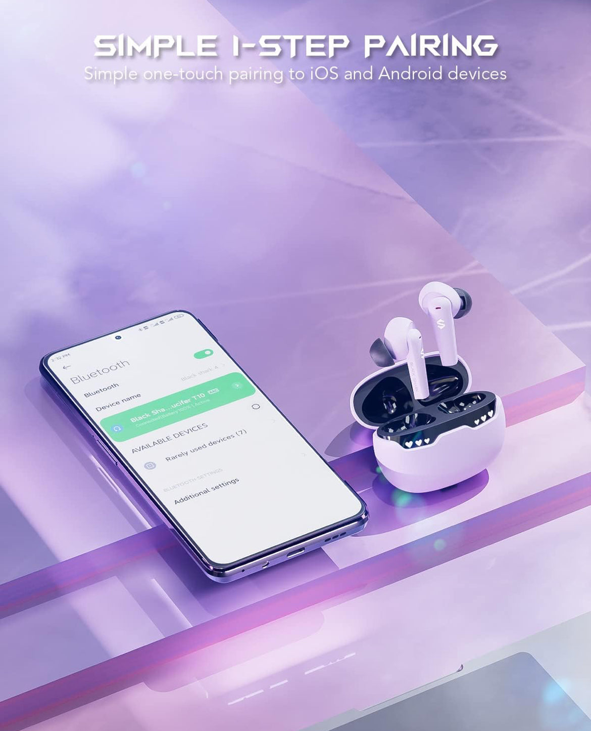 Black Shark Wireless Earbuds w/ LED Light, 45ms Ultra Low Latency - IPX5 Waterproof - Purple