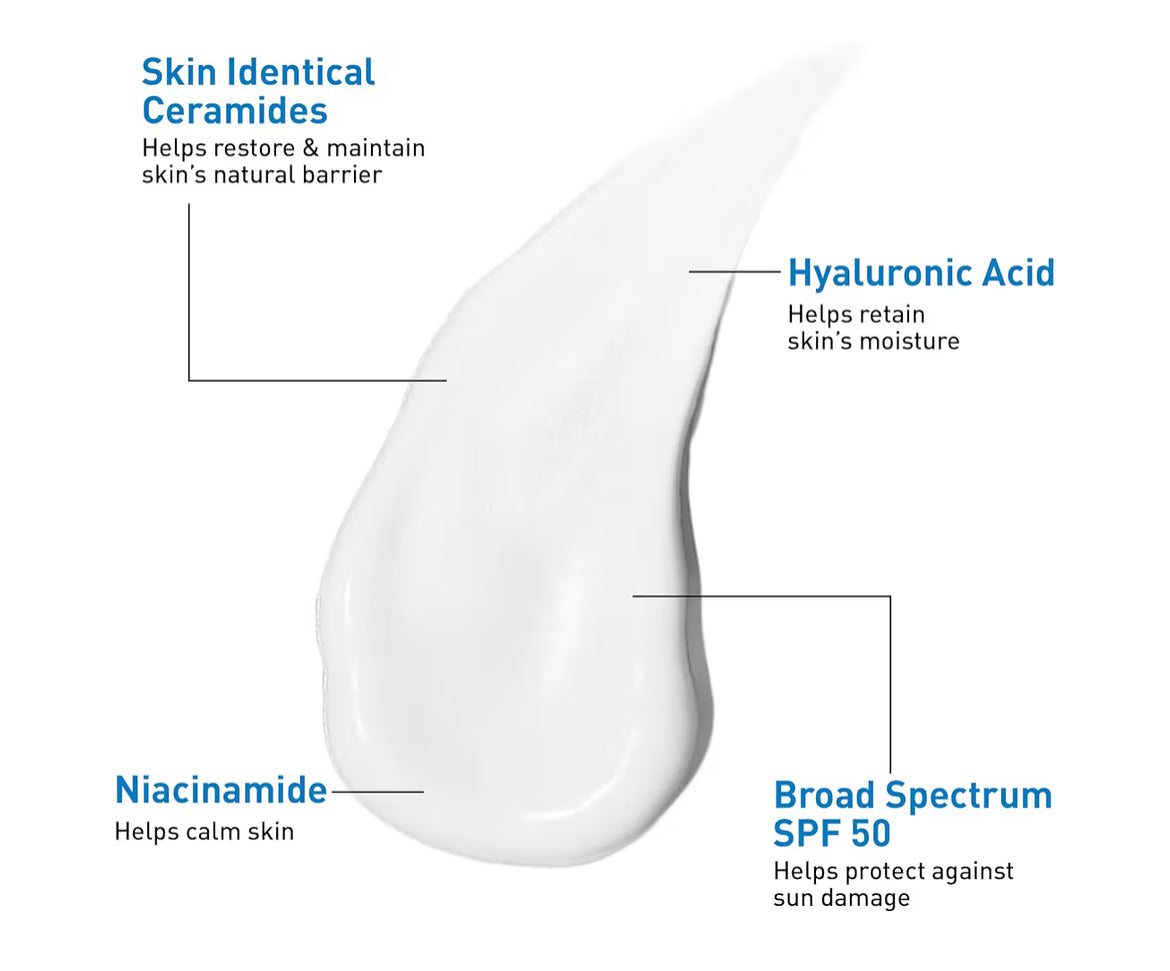 CeraVe AM Gesigsbevogtigende Melk SPF 50 Hialuronzuur, Niasienamied & Seramiede Nie-komedogeniese Sonroom (89 ml)