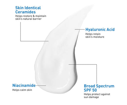 CeraVe AM Gesigsbevogtigende Melk SPF 50 Hialuronzuur, Niasienamied & Seramiede Nie-komedogeniese Sonroom (89 ml)
