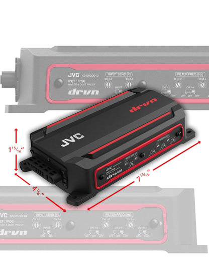 JVC KS-DR2004D 4-kanaal kompakte digitale versterker (600W) vir motors, seevaartuie, UTV & motorsportvoertuie, soliede korrosiebestande aluminiumonderstel, IPX6-, IPX7- & IP6X-gesertifiseer en vibrasiebestand