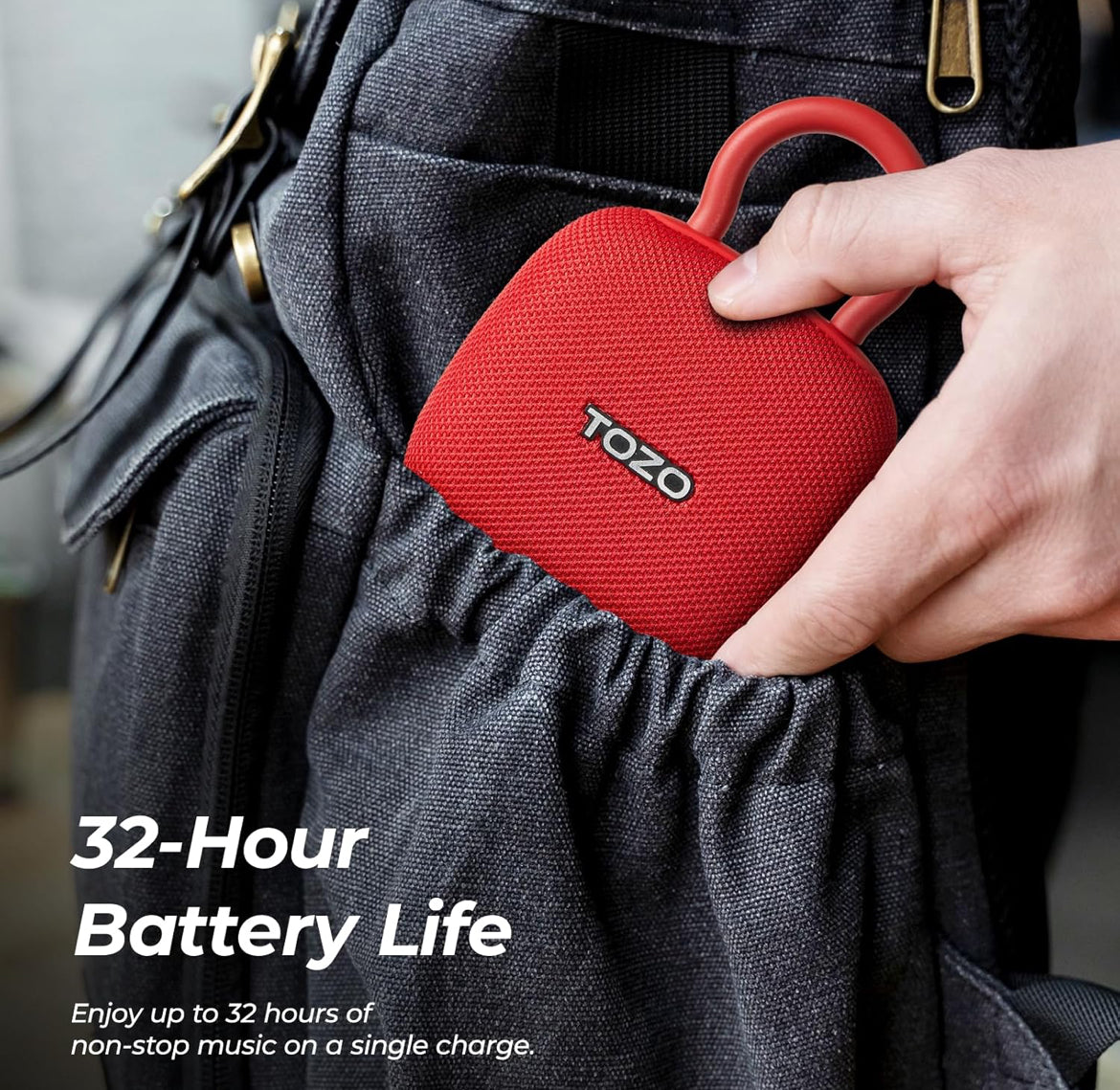 PE1 Mini Portable Bluetooth Speakers w/ Adjustable Carabiner IPX8 Waterproof, 32H Playtime - Red