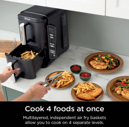 Ninja Lugbraaier, 8 QT DoubleStack 2-Mandjies, Ruimtebesparende Ontwerp, Maak 2lb Hoendervlerkies Gaar, Voed tot 6 Mense, 6-in-1 Lugbraaier, Rooster, Bak & Meer, Maklik om Skoon te Maak, Skottelgoedwasser-veilige Onderdele, Swart, SL201