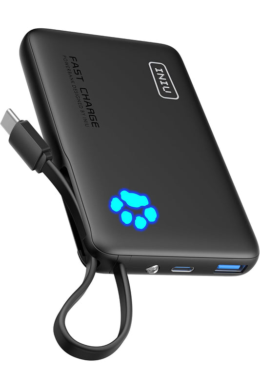 INIU 45W Draagbare Laaier, 10000mAh Ingeboude USB C-kabel Vinnig Laaiende Kragbank, Klein Tipe C Batterypak, Kragbank vir iPhone 16 15 14 13, iPad, Samsung S25 S24 ens. Reis- en Kampbenodighede