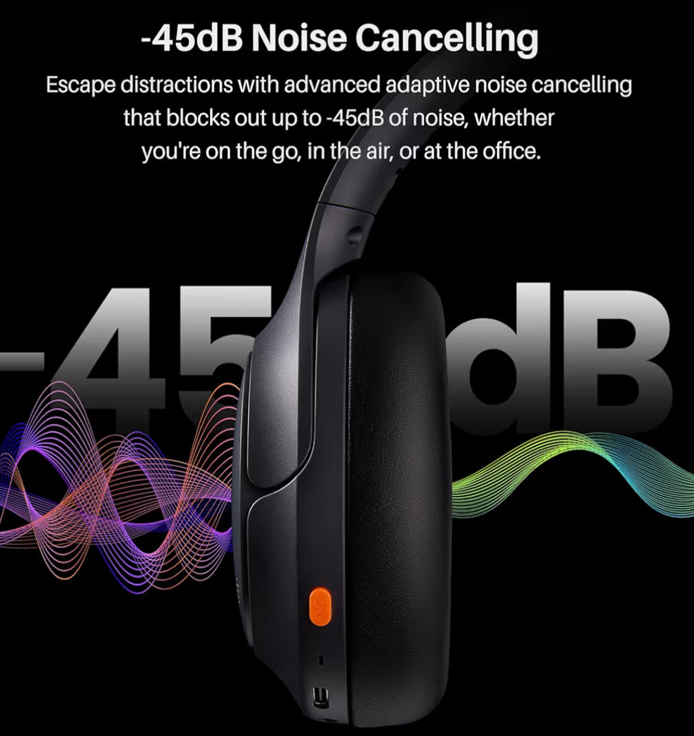 HT3 Hybrid Noise Cancelling Headphones, 90H Battery Life Over Ear Bluetooth 6.0 Foldable Headset, AI Voice Assistant - Titanium Black