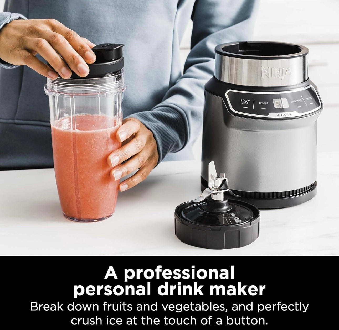 Ninja BN401 Nutri Pro Compact Personal Blender, Auto-iQ Technology, 1100-Peak-Watts, with (2) 24-oz. To-Go Cups & Spout Lids - Cloud Silver