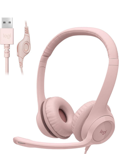 Logitech H390-speletjieshoofoorfone, bedrade hoofoorfone met mikrofoon, USB-kopstuk met mikrofoon vir rekenaar, ruisonderdrukkende mikrofoon vir videovergaderings, musiek, speletjies – Roos
