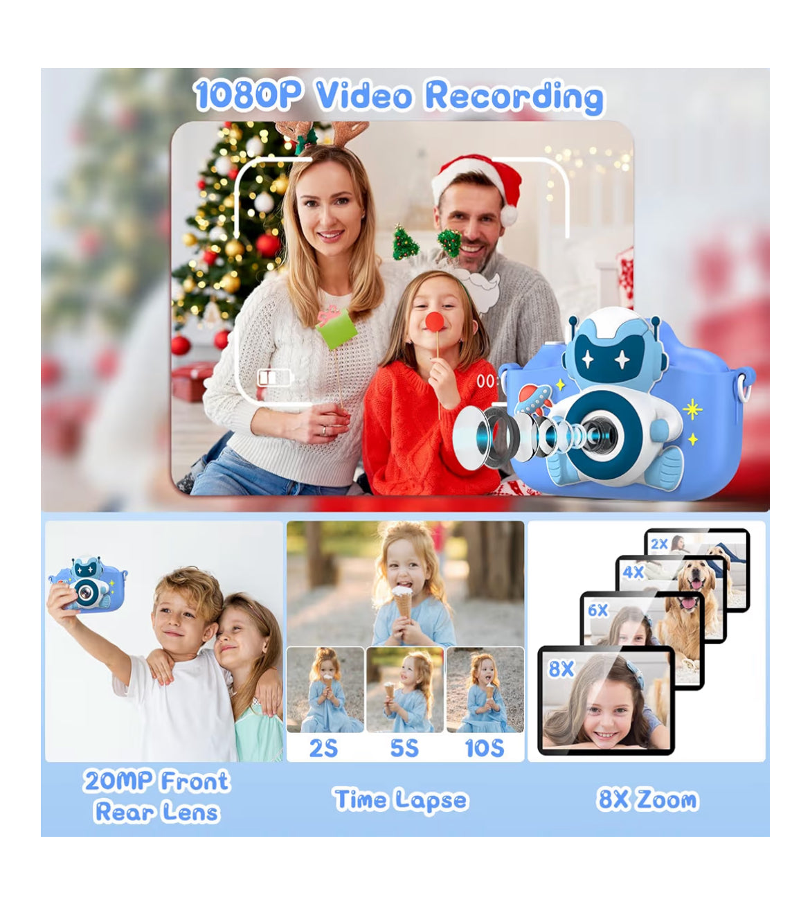 Kids Selfie Camera 20 MP HD 1080P IPS Screen Dual Digital Toy w/ 32Gb Card - (Blue)