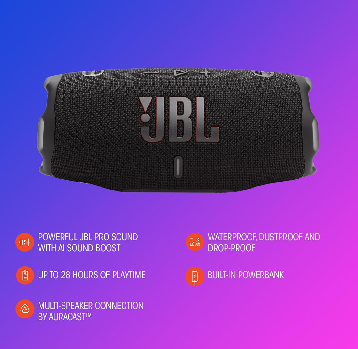 JBL Charge 6 - Portable Waterproof & Drop-Proof Bluetooth Speaker with a Sturdy/Removable Carrying Strap (Red)