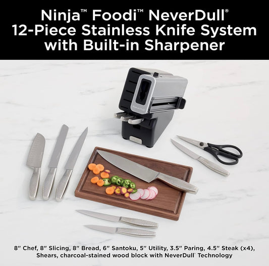 Ninja K62012 Foodi NeverDull Premium 12-stuk Duitse vlekvrye staal messtelsel met ingeboude skerpmaker, vlekvrye staal/swart