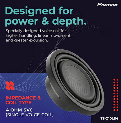 Pioneer Z-Series TS-Z10LS4 Shallow-Mount 10" Subwoofer 1300W Max
Shallow-Mount Design, Deep Bass in Tight Spaces, Compact, Slim, Truck/Car Subwoofer