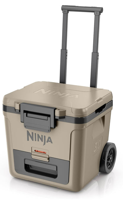 Ninja Cooler FrostVault 30QT-koeler met wiele – geïsoleer met Temp Dry-bergingslaai, hou ys dae lank koud – Beige