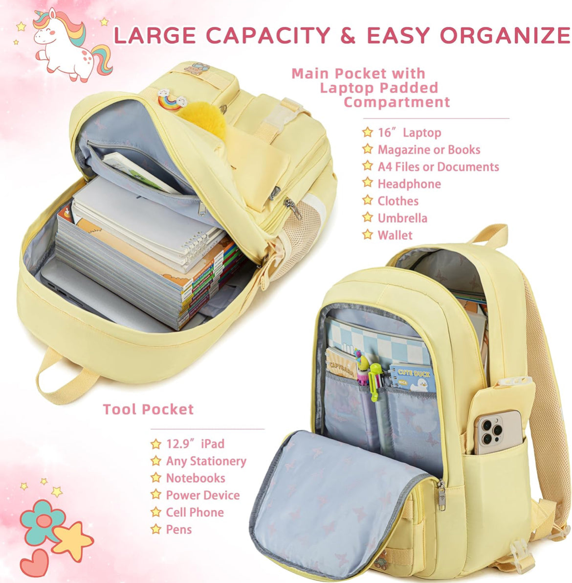 Backpack for girls Laptop Backpacks 15.6 Inch College Cute Bookbag Anti Theft Primary Elementary School Bag Casual Daypack for Teens Girls Women Students （Yellow