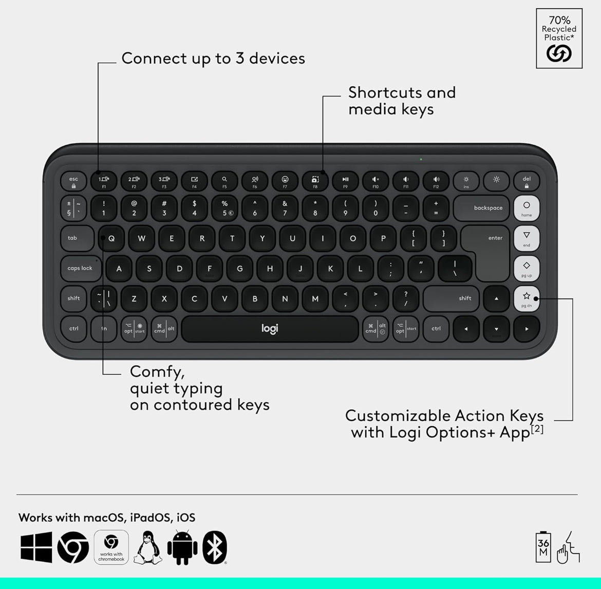 Logitech POP ICON Combo, Bluetooth Sleutelbord en Muis Kombinasie, Gemaklike Tik, programmeerbare Sleutels en Knoppies, Stil klikke, Maklike Wisseling tot 3 Toestelle - Grafiet en Spierwit