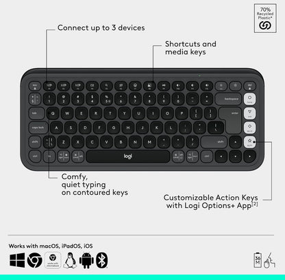 Logitech POP ICON Combo, Bluetooth Sleutelbord en Muis Kombinasie, Gemaklike Tik, programmeerbare Sleutels en Knoppies, Stil klikke, Maklike Wisseling tot 3 Toestelle - Grafiet en Spierwit