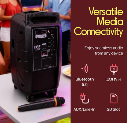 1000W Draagbare Bluetooth PA Luidspreker, 10'' Subwoofer, UHF Koordlose Mikrofoon, MP3/USB/SD, Herlaaibare Battery, LED Batteryaanwyserligte