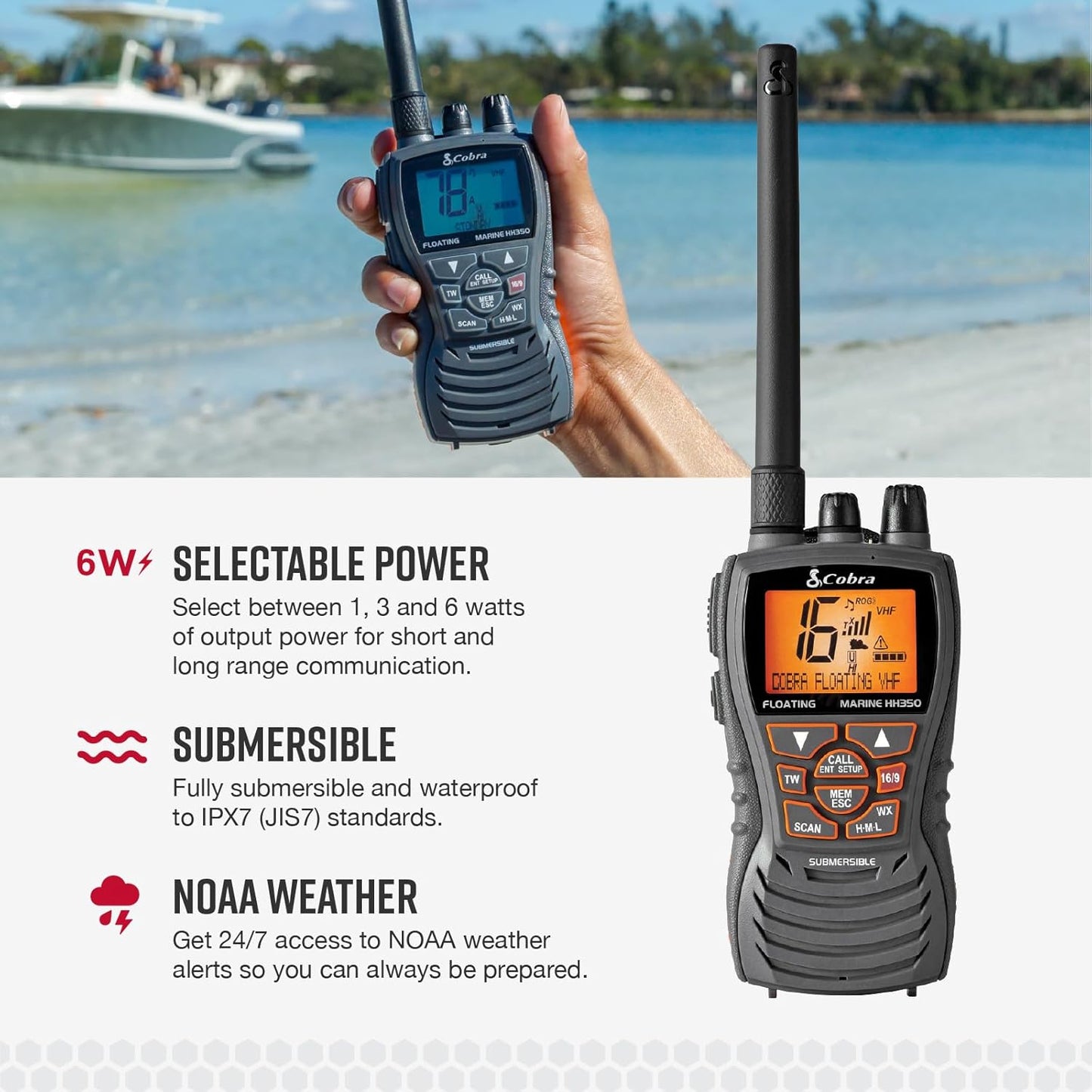 Cobra MR HH350 FLT Handheld Floating VHF Radio - 6 Watt, Submersible, Geraasdempende Mik, Verligte LCD-skerm, NOAA Weer, en Geheue Skandering, Grys