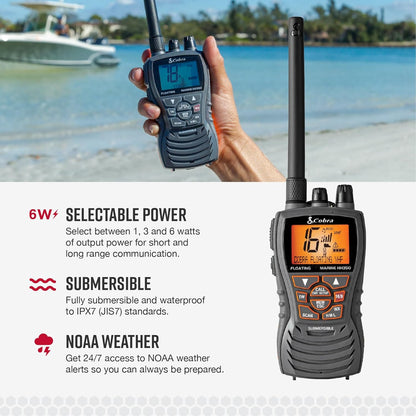 Cobra MR HH350 FLT Handheld Floating VHF Radio - 6 Watt, Submersible, Geraasdempende Mik, Verligte LCD-skerm, NOAA Weer, en Geheue Skandering, Grys