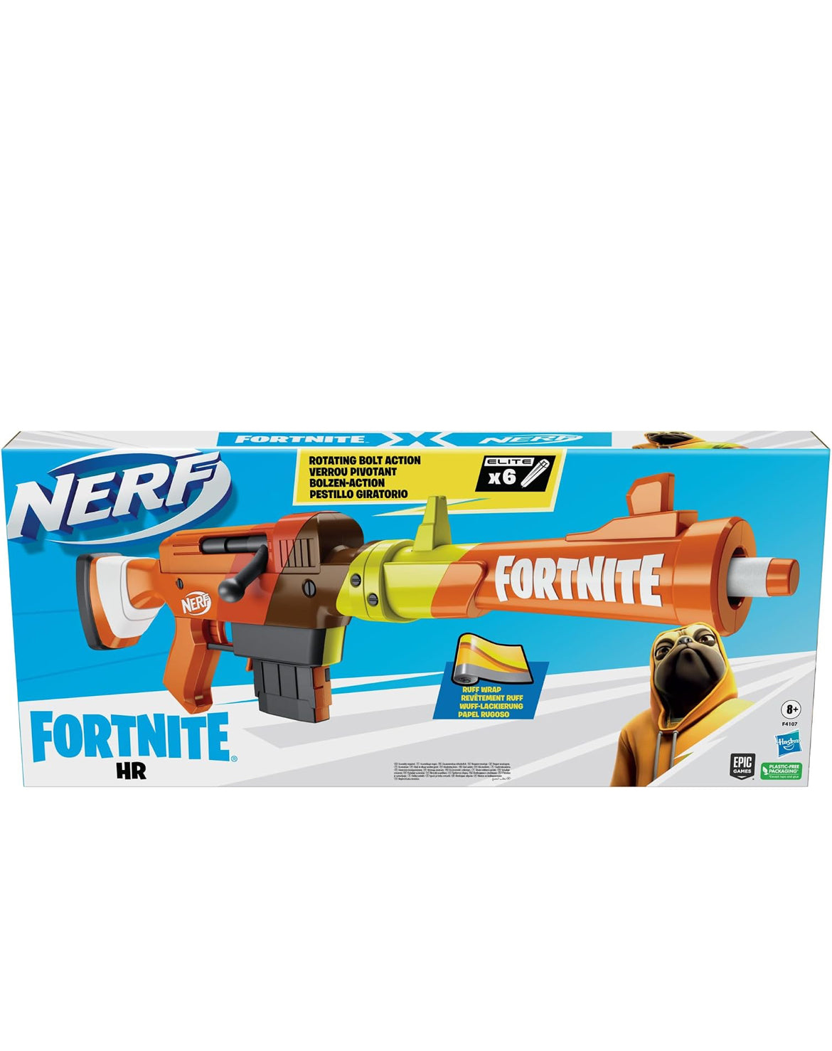 Nerf Fortnite HR Dart Blaster, Ruff Wrap Design, 6-Dart Elite Clip, 6 Nerf Elite Darts, Rotating Bolt Action, Detachable Barrel