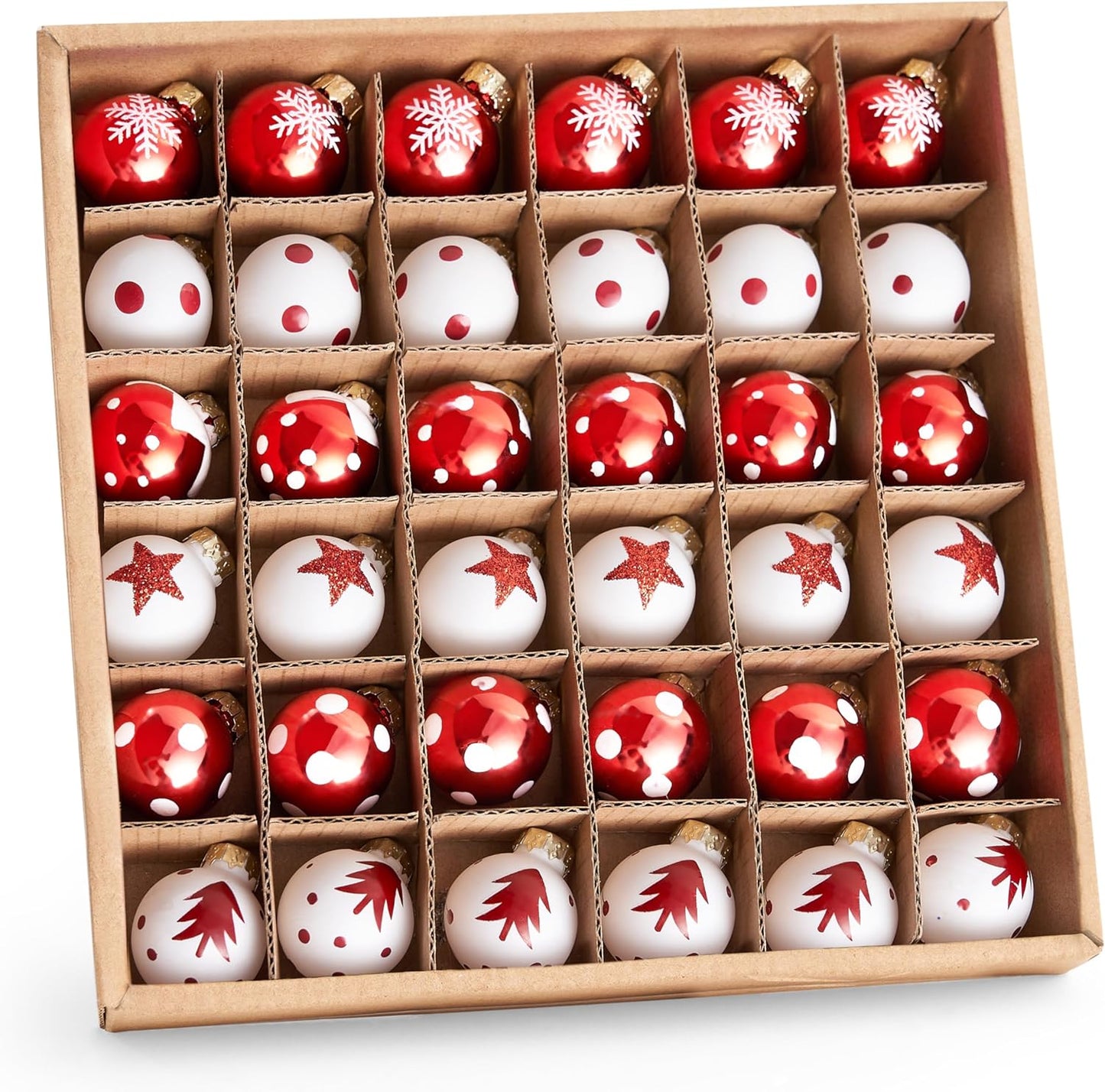 36 Stuks Kersfees Mini Bal Ornamentstel, Metaalglas Klein Balle met Glitters & Touhange - (Rooi & Wit)