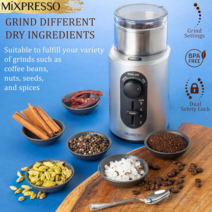 Mixpresso Elektriese Koffiemeul 12 Koppie Kapasiteit, 304 Vlekvrye Staal Lem, Espressoboonmeul, Verwyderbare Kamer, Elektriese Koffiemeul met 5 Voorafinstellings Vir Speserye en Meer
