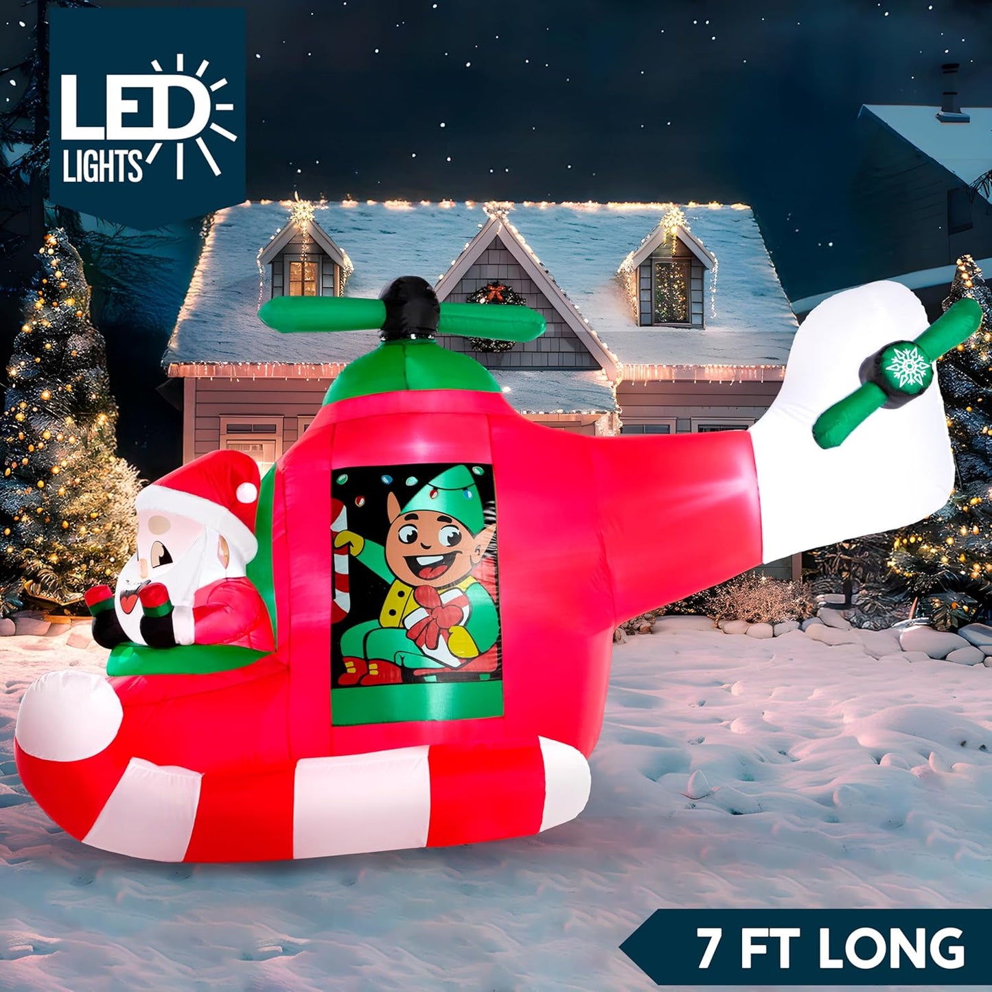 (7FT) Long Christmas Inflatable Santa Elf on Animated Helicopter, Blow Up Santa Inflatable on Flying Airplane with Rotating Propeller Decor