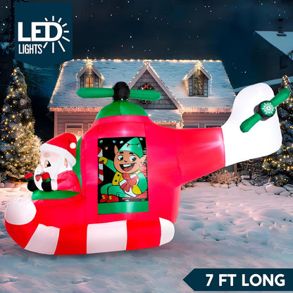 (7FT) Long Christmas Inflatable Santa Elf on Animated Helicopter, Blow Up Santa Inflatable on Flying Airplane with Rotating Propeller Decor