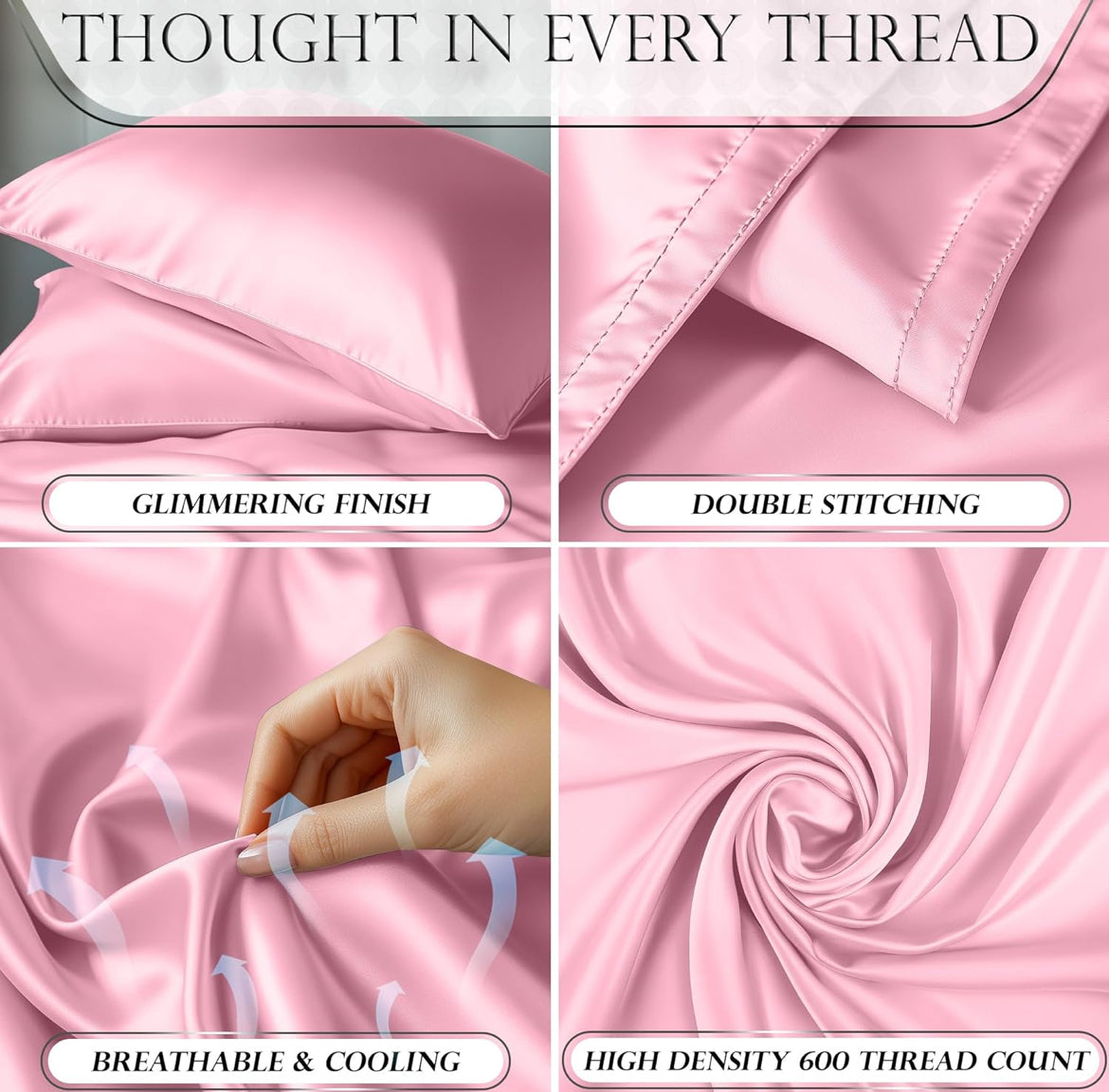 DECOLURE Satin Bed Sheets - 4 Piece Luxury Silky Queen Size Bedding Set - Softer Than Silk, Wrinkle-Free with 15” Deep Pocket Fitted Sheet, Perfect for Hair & Skin, Gifts for Women (Pink)