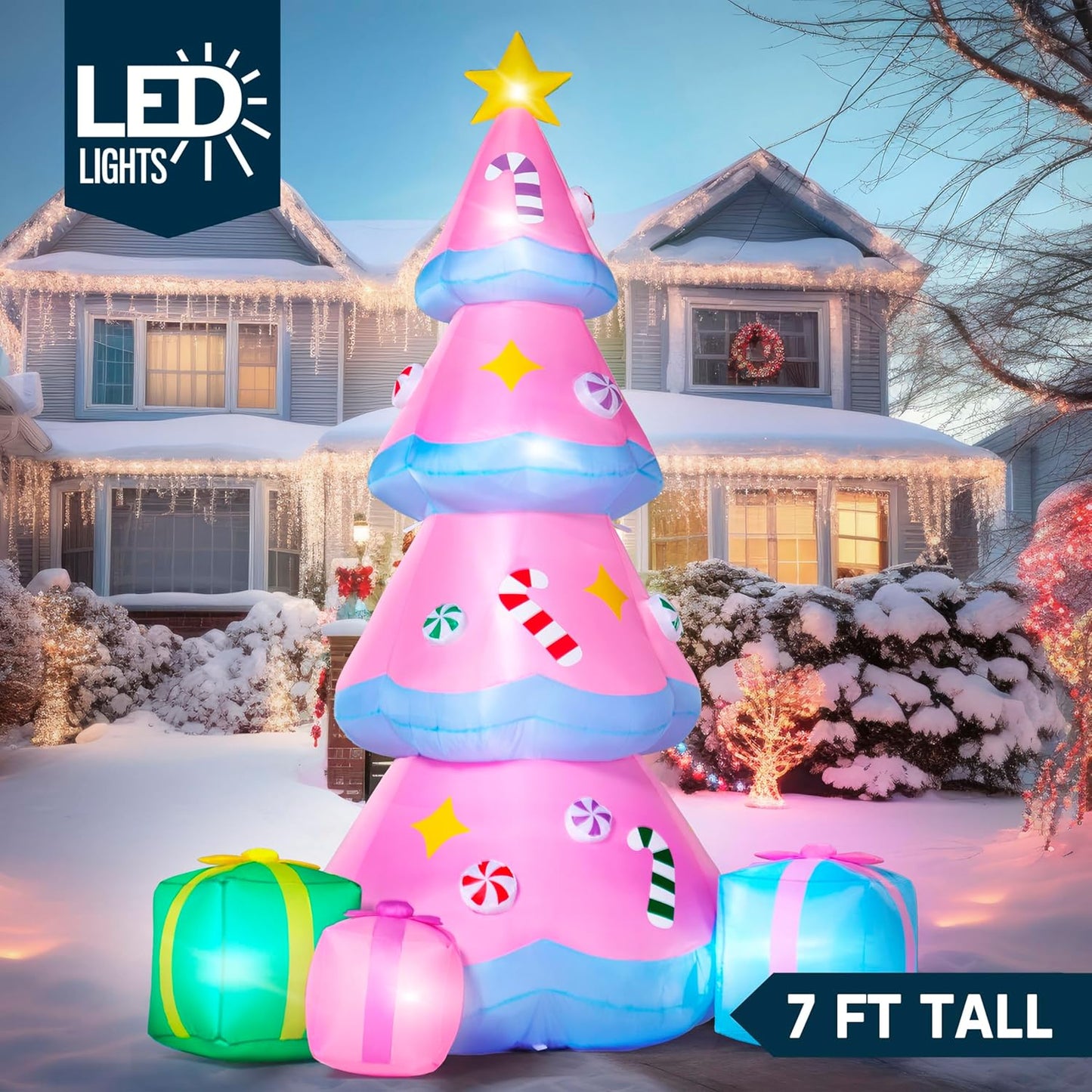 7 FT Tall Christmas Pink Tree Inflatables Outdoor Decoration w/ 3 Gift Boxes, Build-in LEDs