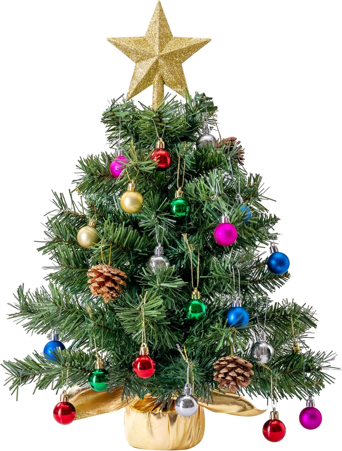 Mini sapin de Noël de table pré-éclairé 24"/60cm avec lumières chaudes, baies de houx, pommes de pin et ornements (doré)
