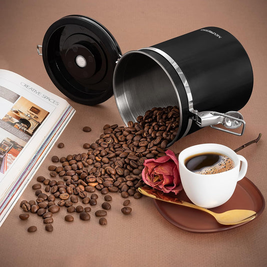 Mixpresso 16 Oz Swart Koffiehouer, Vlekvrye Staal Lugdigte Koffiehouer, Lugdigte Houer Vir Teeberging Met Datumspoorder, Vakuumverseëlde Espresso Lugdigte Houer, Suikerhouer Vir Die Huis