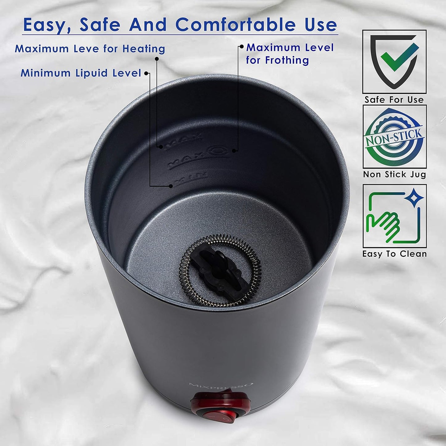Mixpresso Elektriese Melkskuimer, Vlekvrye Staal Melkstoomtoestel & Melkwarmer, Outomatiese Afskakeling, Kleefvrye Binnekant, Koel Aanraking, 9.4 onse/6.0 onse Kapasiteit, Swart Elektriese Skuimer vir Warm Sjokolade