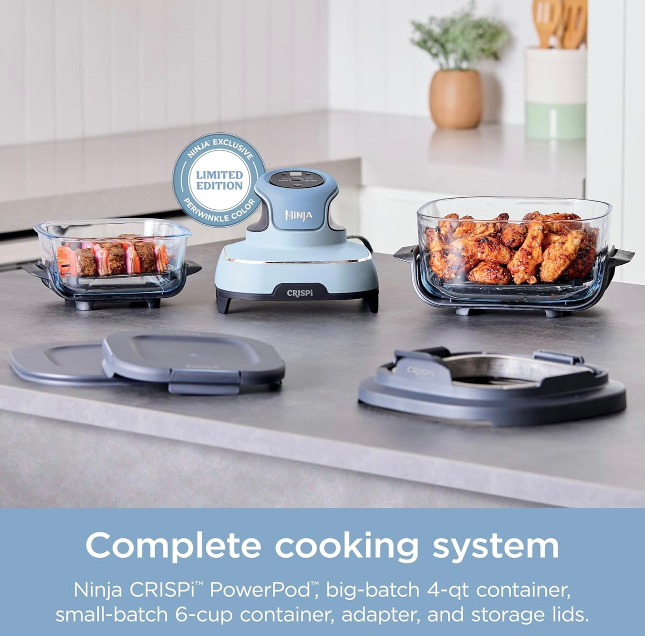 Ninja Crispi 4-in-1 Portable Glass Air Fryer Cooking System, 4QT & 6Cup Glass Containers with Storage Lids- Periwinkle, FN101PL