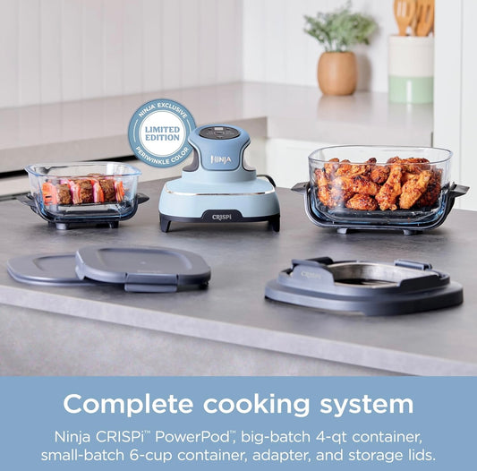Ninja Crispi 4-in-1 Draagbare Glas-lugbraaier-stelsel, 4QT & 6Kop Glas-houers met Bergdeksels - Periwinkle, FN101PL