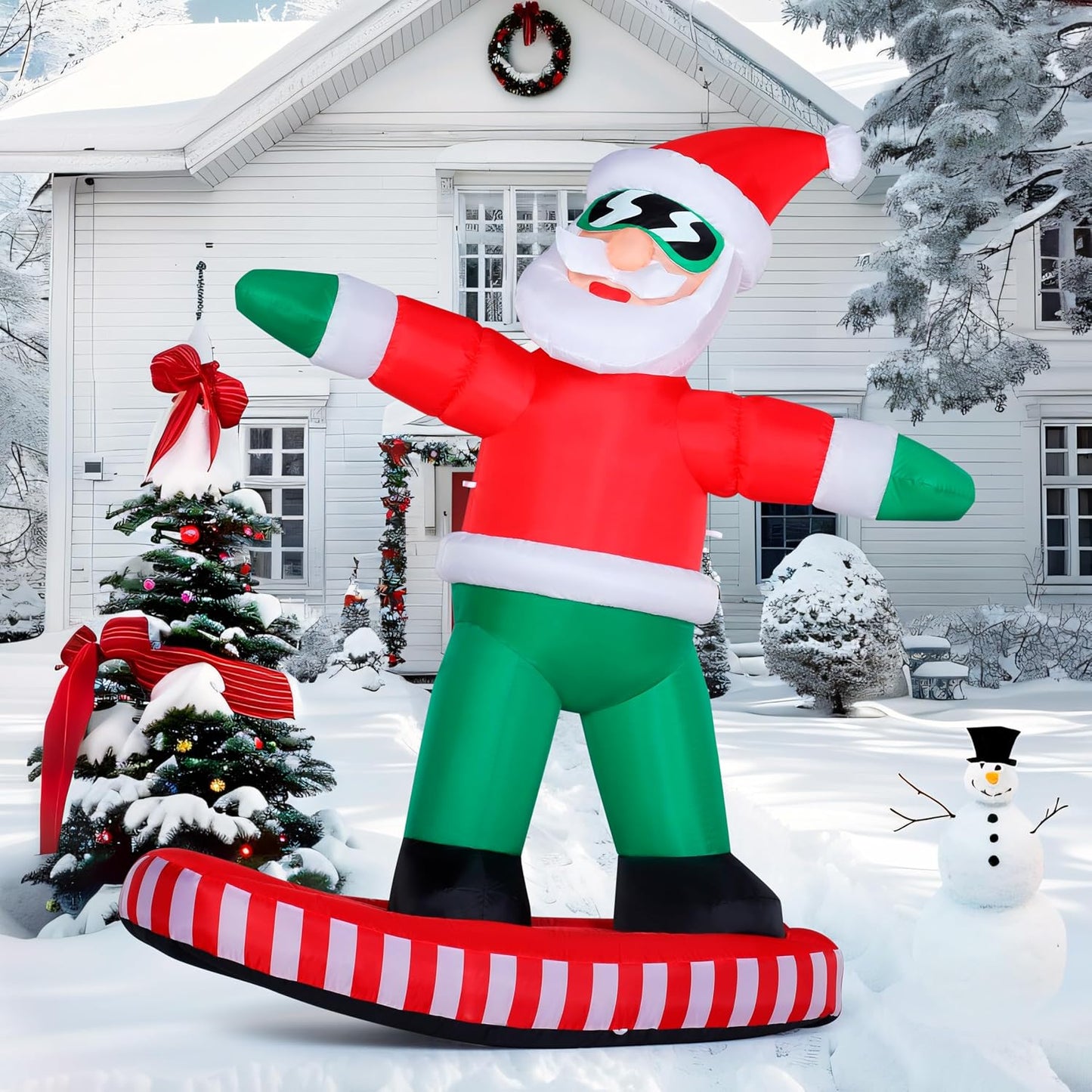 (6FT) Tall Christmas Inflatables Decorations Snowboarding Santa, Blow Up Yard Build-in LED Decor