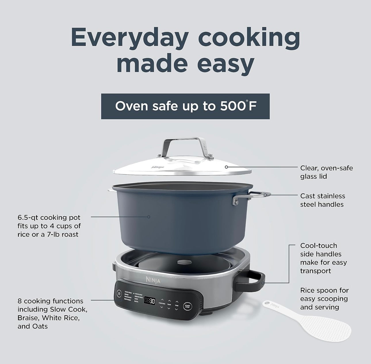 Ninja MC1101 Foodi Everyday Possible Cooker Pro, 8-in-1 Veelsydigheid, 6.5 QT, Eenpot-kook, Vervang 10 Kookgereedskap, Vinniger Kook, Gesinsgrootte Kapasiteit, Verstelbare Temperatuurbeheer, Middernagblou