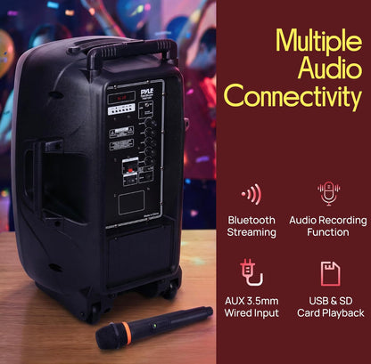 1200W Draagbare Bluetooth PA-luidspreker - 12” Subwoofer, LED-battery-aanwyserligte met ingeboude herlaaibare battery, MP3/USB/SD-kaartleser en UHF draadlose mikrofoon