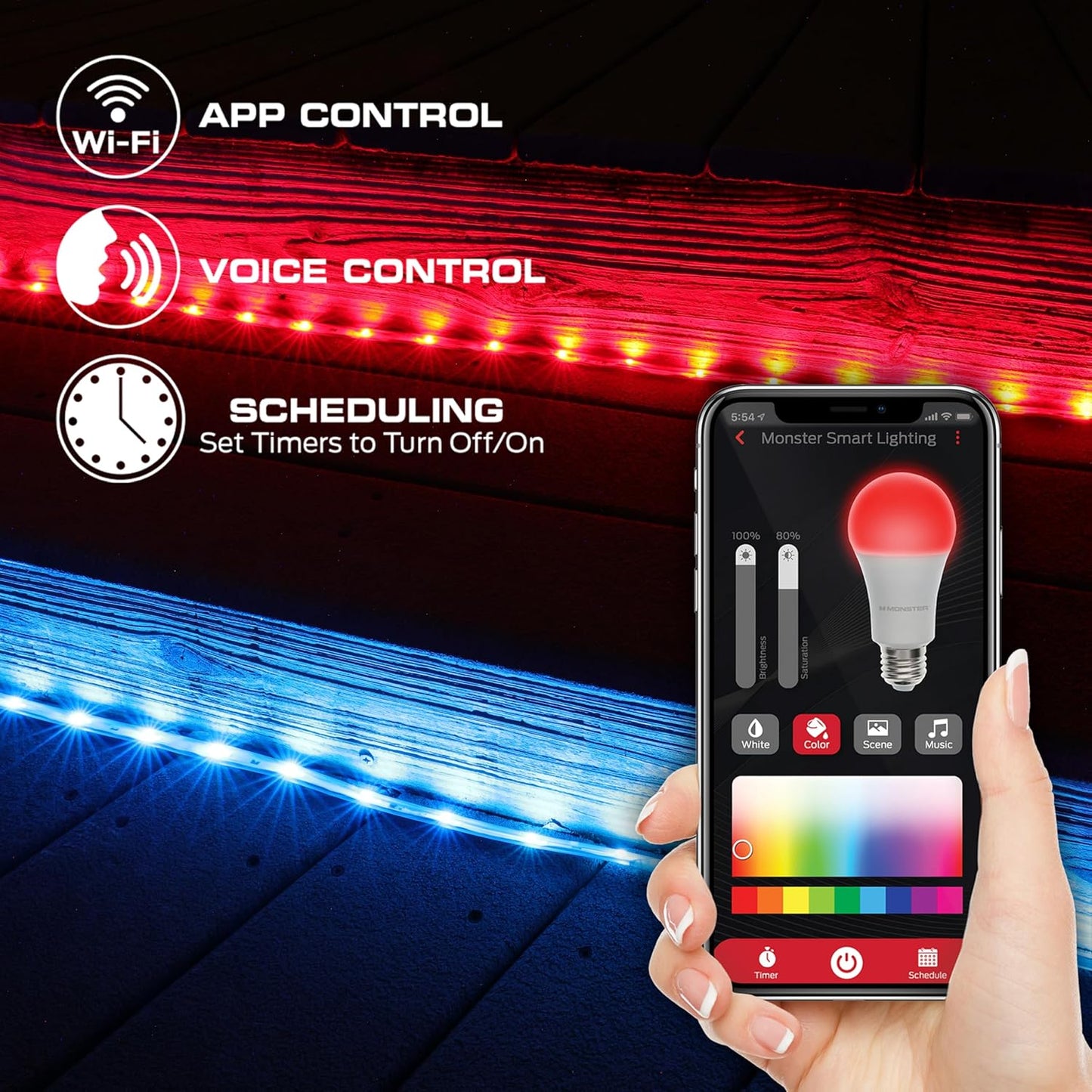 Monster Smart 50 Foot RGB+IC+WW Outdoor LED Light Strip, Sound Reactive, Dimmable, Multicolored & Multi-White, IP44 Waterproof, Weather Resistant, App Control, Compatible with Alexa, Google Home, Siri