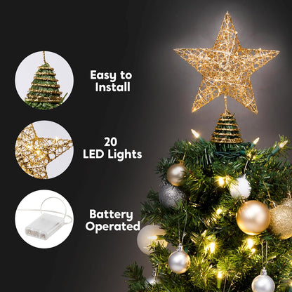 8" Kersfees Goue Glitters Ster Boomtoppe Metaal Verlig met 20 LED-ligte Versierings