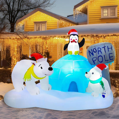 (6FT) Long Christmas Inflatable North Pole w/ Build-in LEDs, Blow Up Polar Bears & Penguin Holiday Season Decorations