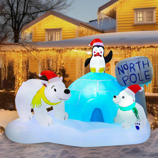 (6FT) Long Christmas Inflatable North Pole w/ Build-in LEDs, Blow Up Polar Bears & Penguin Holiday Season Decorations