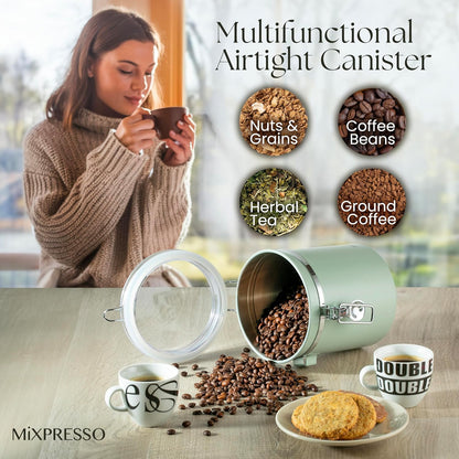 Mixpresso Groen Koffiekan, 16oz Lugdigte Vlekvrye Staal Kombuiskosbergingshouer met Deursigtige Deksel en Lepel. vir Gemaalde Koffie, Bone, Tee, Meel, Graankosse, Vakuumverseëlde Suikerhouer