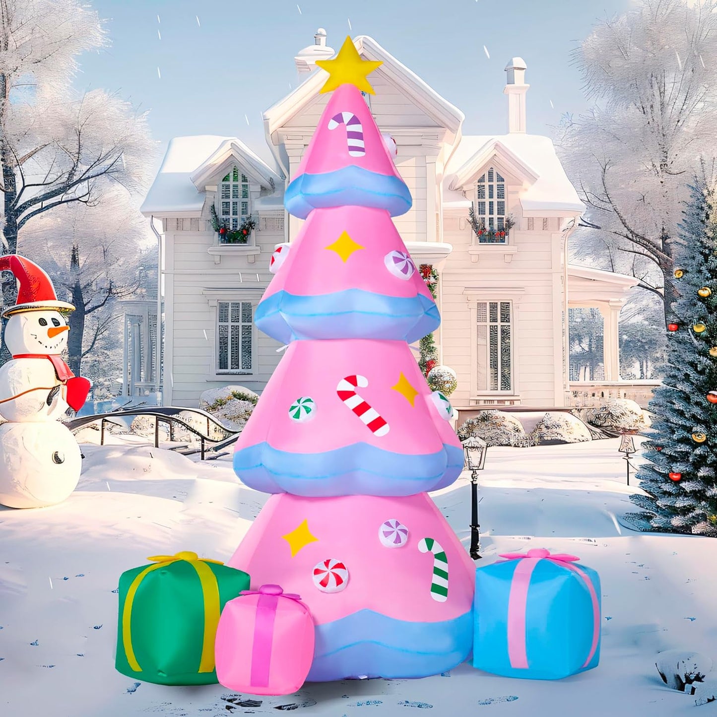 7 FT Tall Christmas Pink Tree Inflatables Outdoor Decoration w/ 3 Gift Boxes, Build-in LEDs