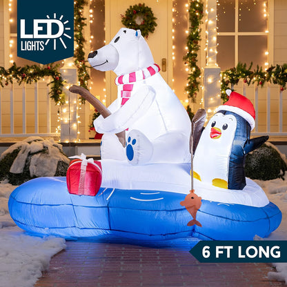 (6FT) Long Christmas Inflatable Polar Bear Fishing w/ Penguin Decoration, Blow Up w/ Built-in LEDs