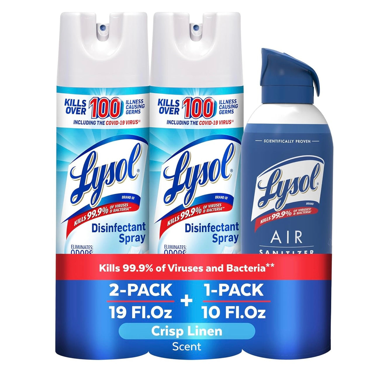 Lysol-bondel wat x2 Lysol-ontsmettingsmiddelsproei vir Harde en Sagte Oppervlakke, Crisp Linen, 538 g + Lysol-lugontsmettingssproei, vir Lugontsmetting en Reukuitskakeling, White Linen, 283 g bevat